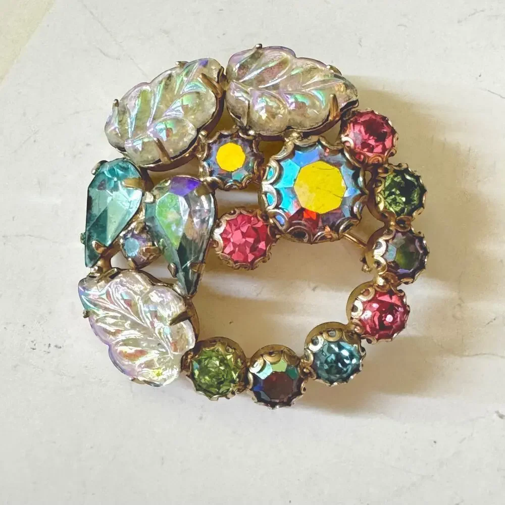 Rudolph Weiss Fruit Salad Glass Leaves AB Rhinestone Gold Wreath Pin Brooch